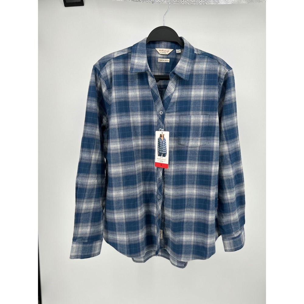 Weatherproof Vintage Plaid Shirt Womens M Blue NWT Comfort Stretch Button Up